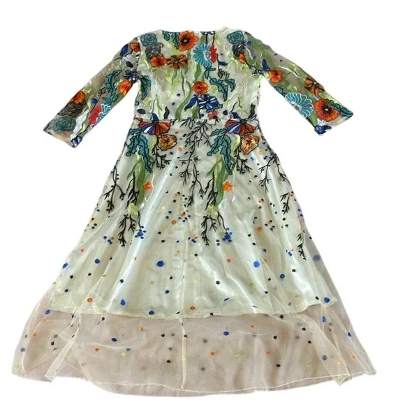Antrophology Vicky and Lucas Floral Embroidered Midi Dress Sheer Overlay Party L - Picture 12 of 13